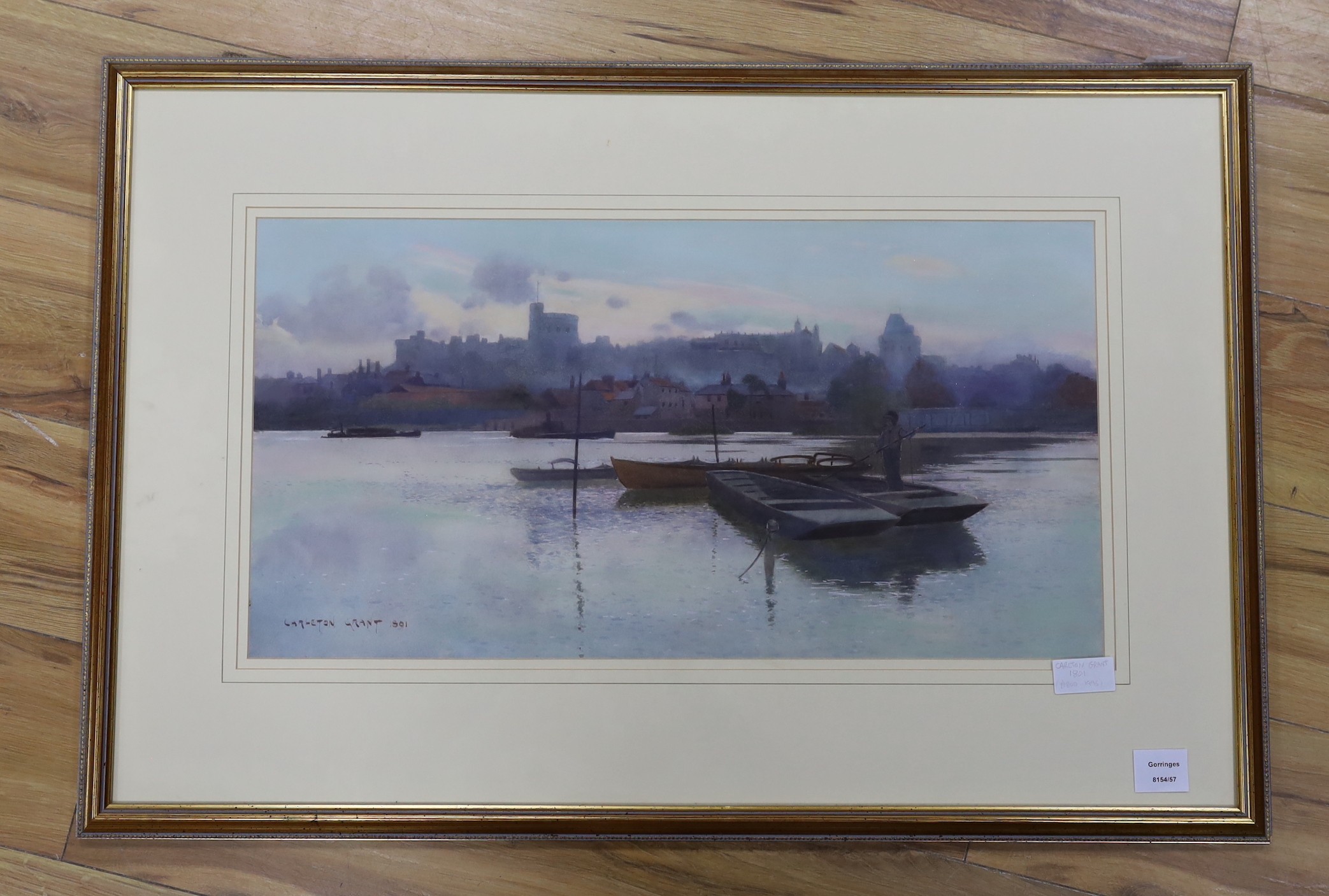 Carleton Grant (1860-1930), gouache and watercolour, Study of Windsor Castle from the waterside, signed and dated 1891, 34 x 64cm